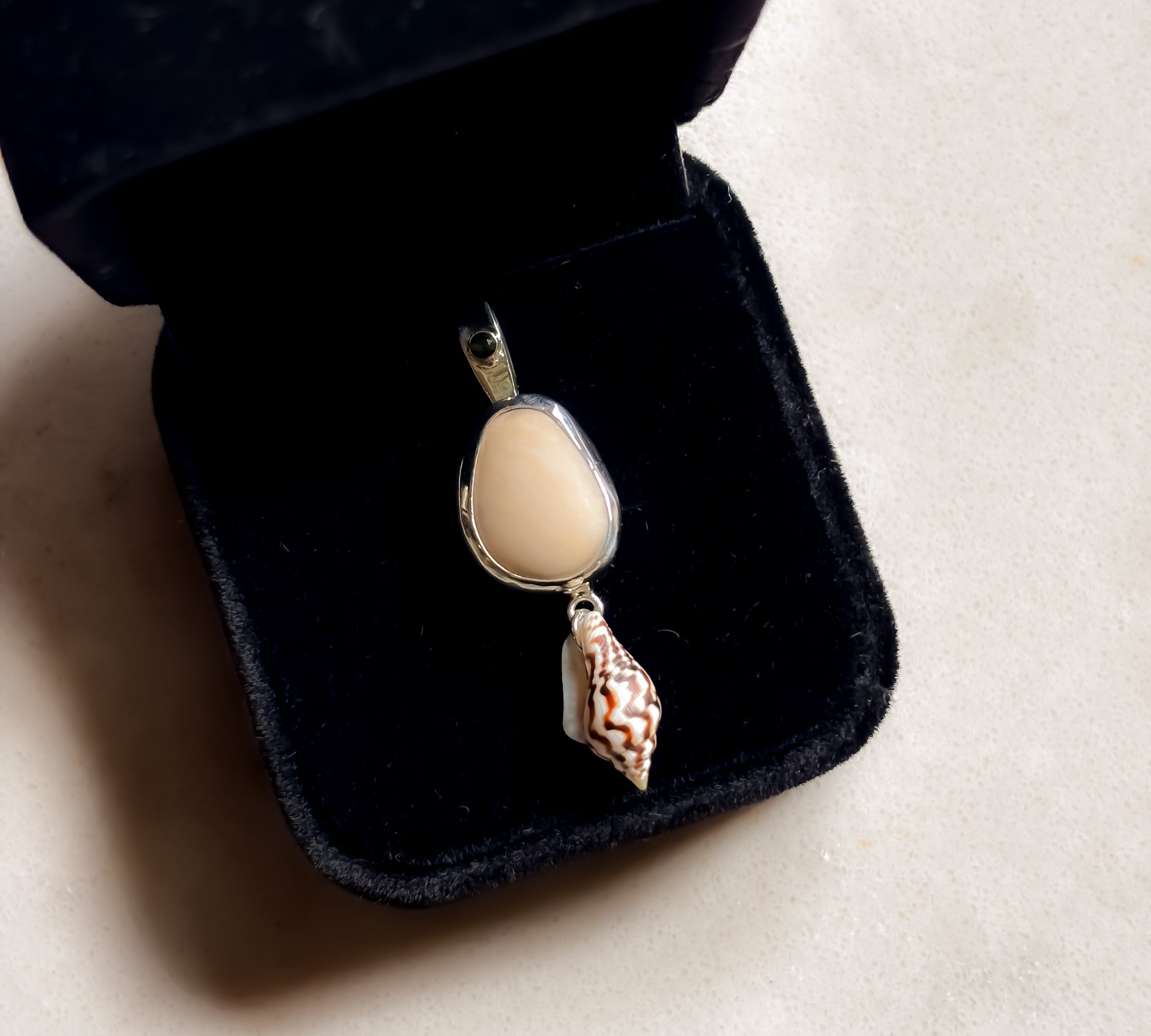 Remnant 005 - Silver White Marble Pebble Green Tourmaline Pendant