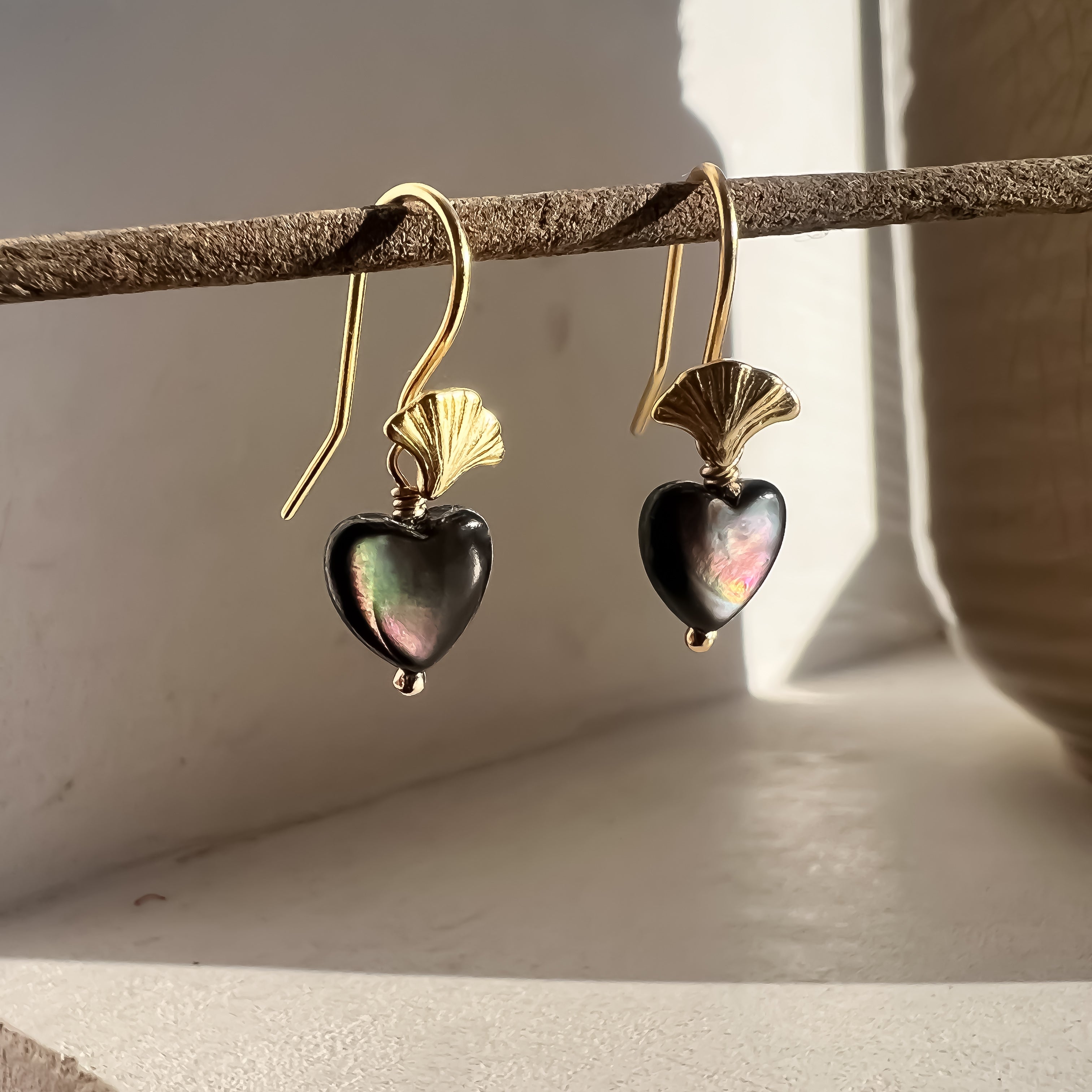 Black Pearl Love Heart on Ginkgo Shaped Earrings