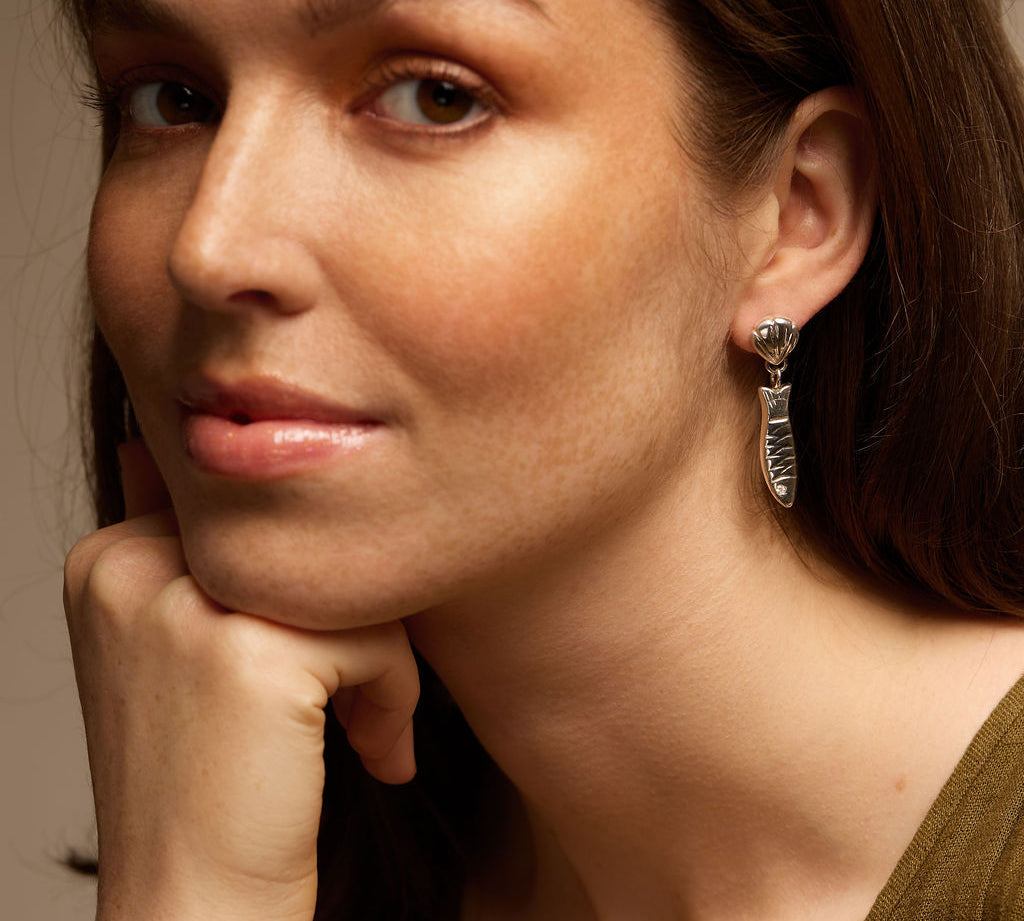 Sterling Silver Shell & Anchovy Fish Pendant Drop Earrings