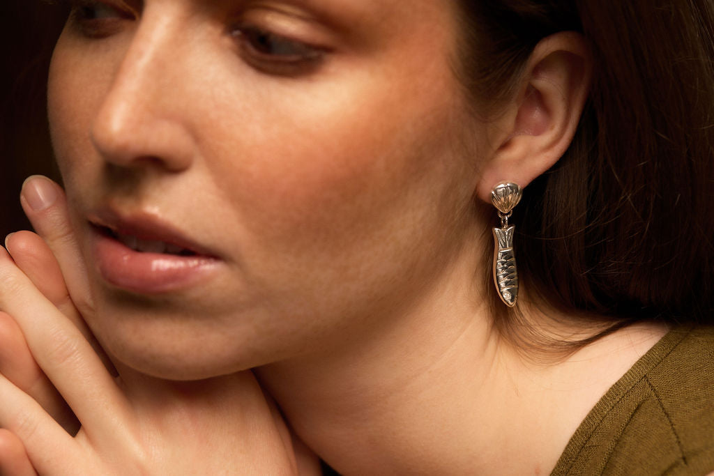 Sterling Silver Shell & Anchovy Fish Pendant Drop Earrings