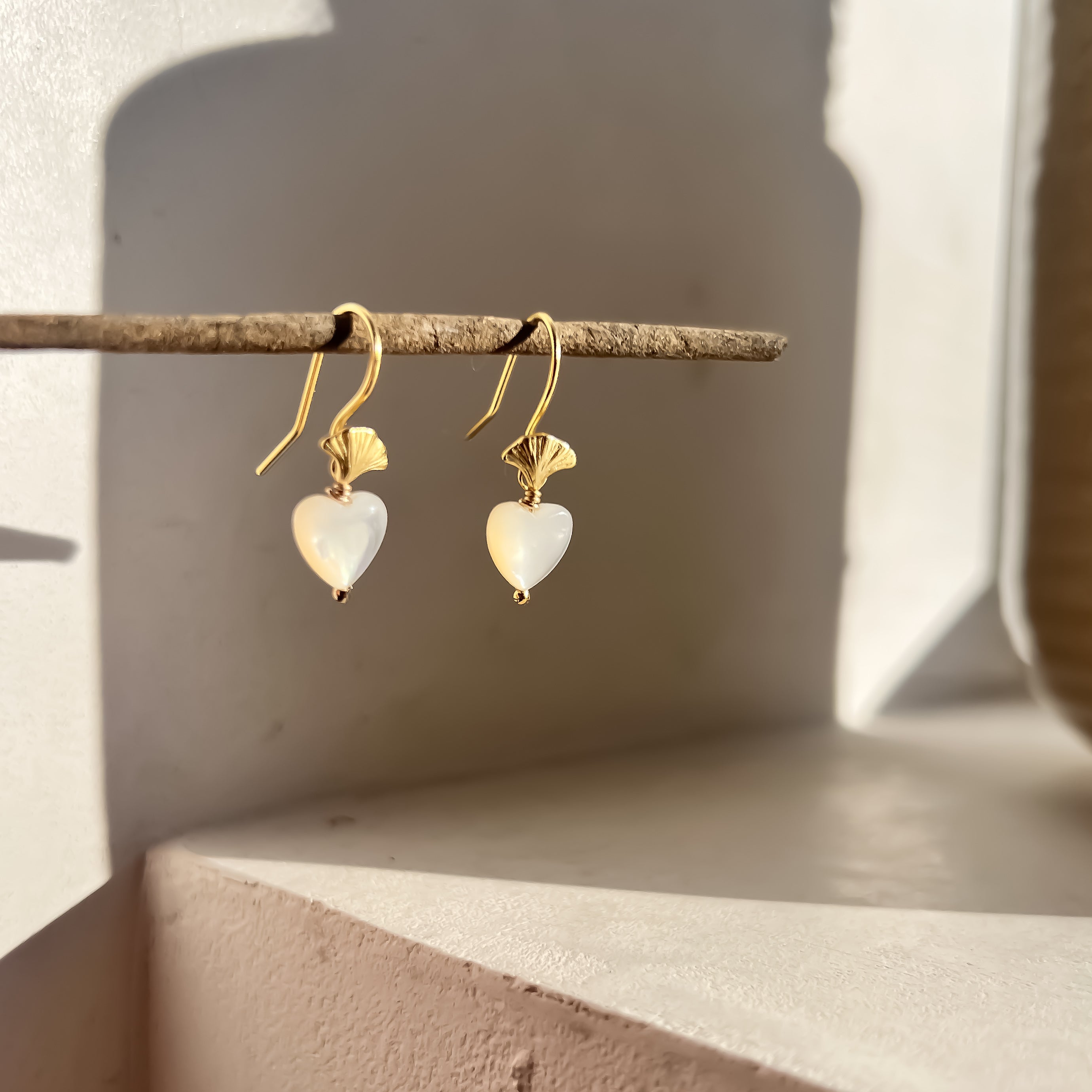 Ivory Pearl Love Heart on Ginkgo Shaped Earrings
