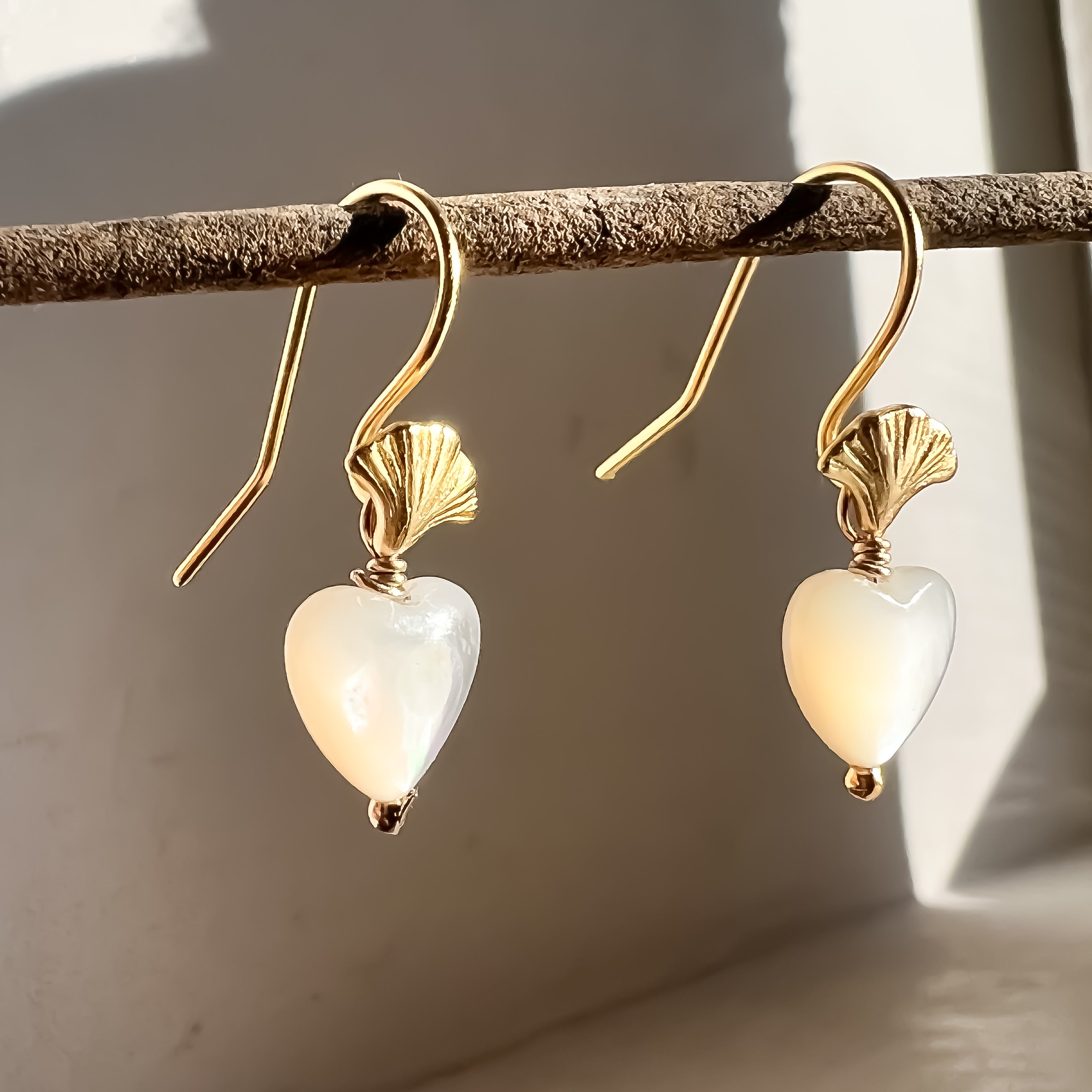 Ivory Pearl Love Heart on Ginkgo Shaped Earrings