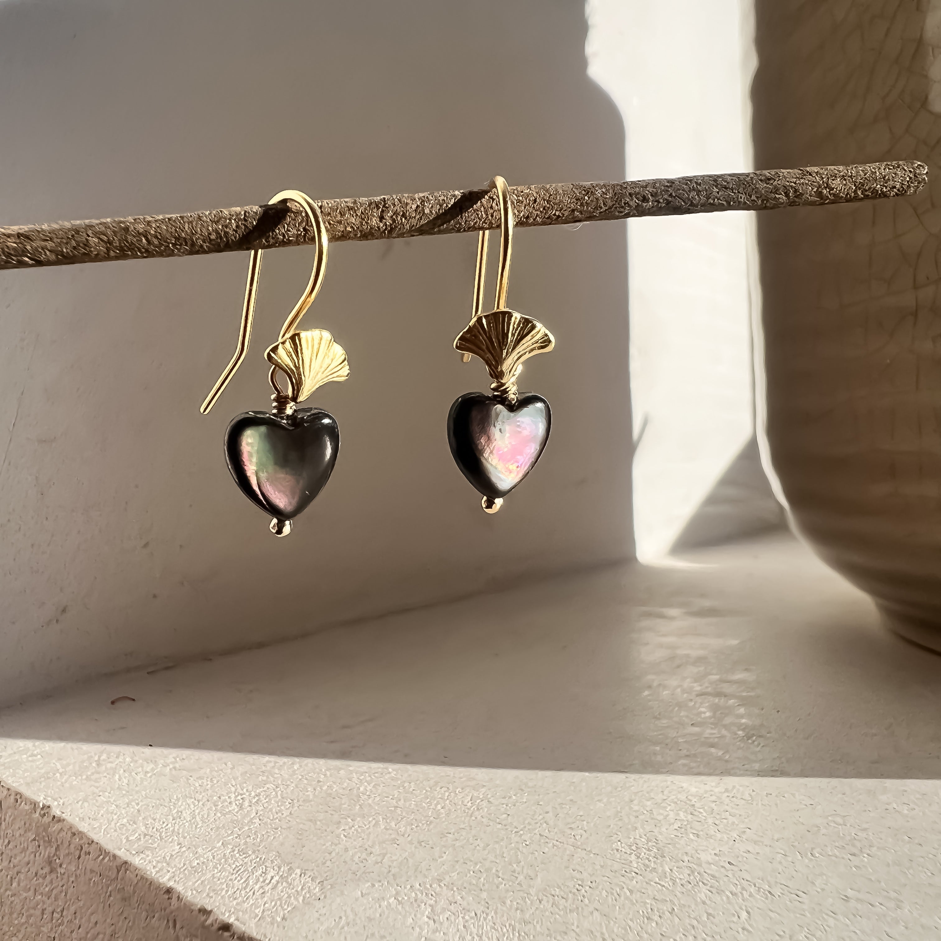 Black Pearl Love Heart on Ginkgo Shaped Earrings