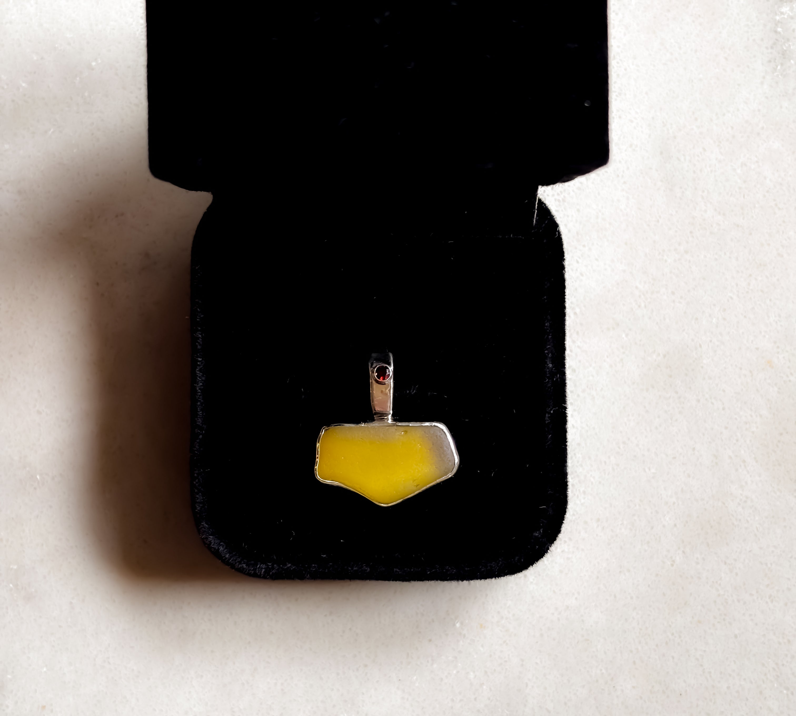 Remnant 002 - Silver Mustard Yellow Seaglass Red Garnet Pendant