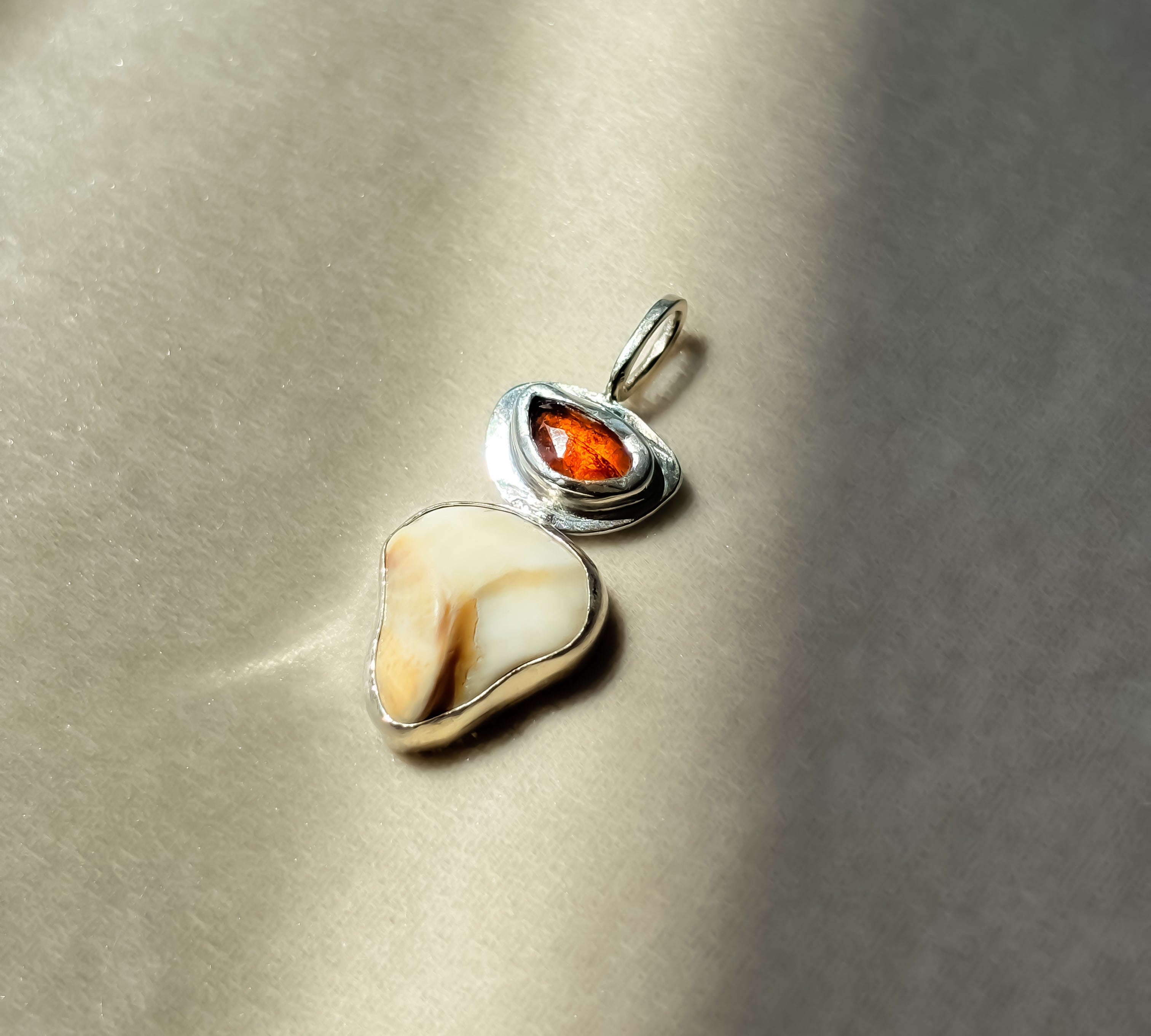 Remnant 015 - Hessonite Garnet with White Pebble Shell Silver Pendant