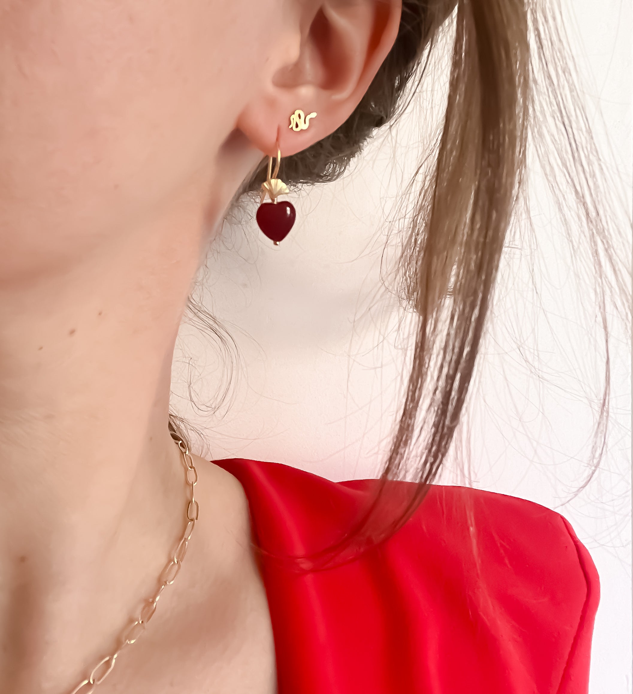 Black Pearl Love Heart on Ginkgo Shaped Earrings