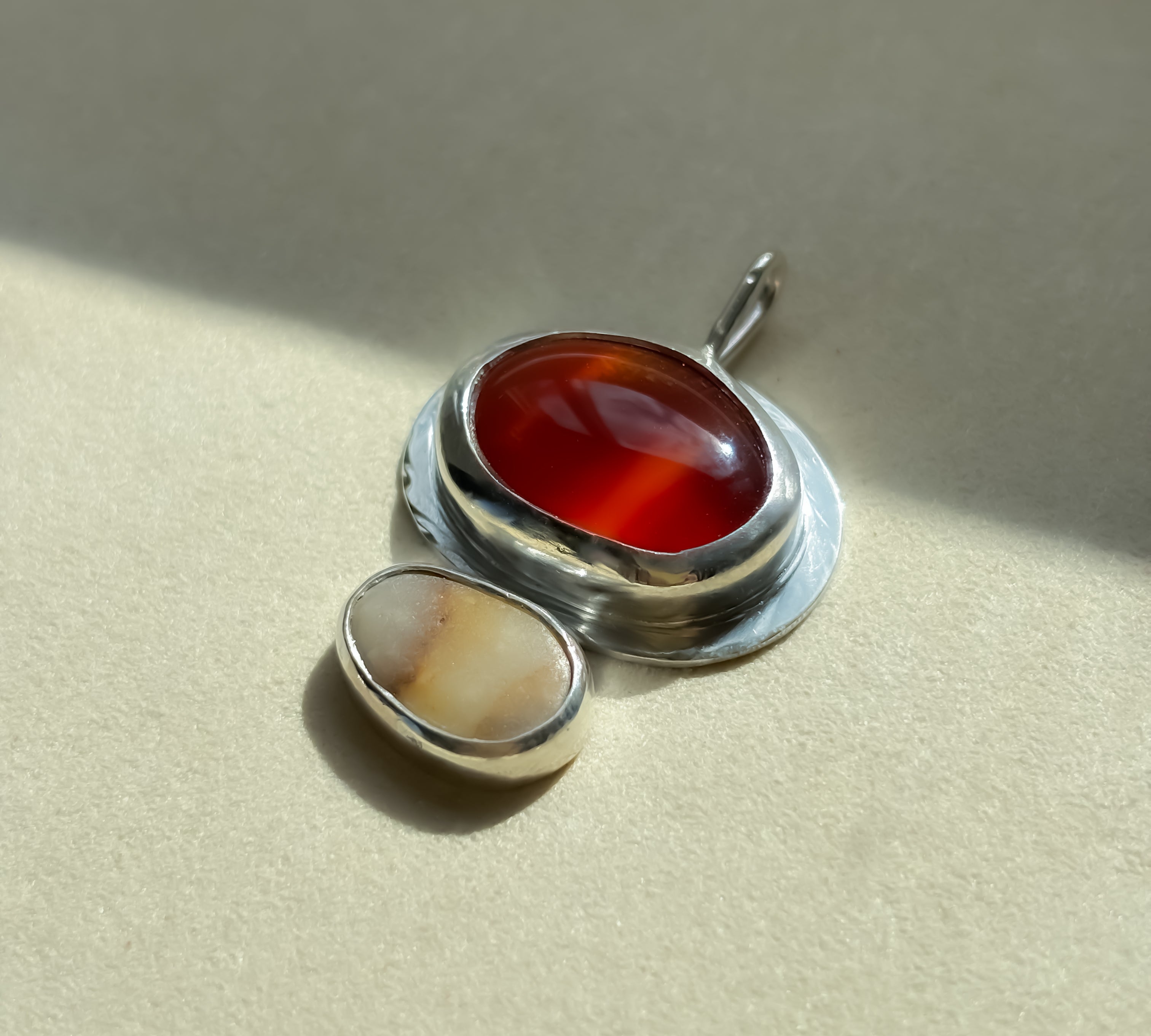 Remnant 016 - Carnelian with Yellow Agate Pebble Silver Pendant