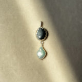 Remnant 014 - Black Pebble with Freshwater Keshi Pearl Silver Pendant