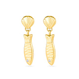 18ct Gold Vermeil Shell & Anchovy Fish Pendant Drop Earrings