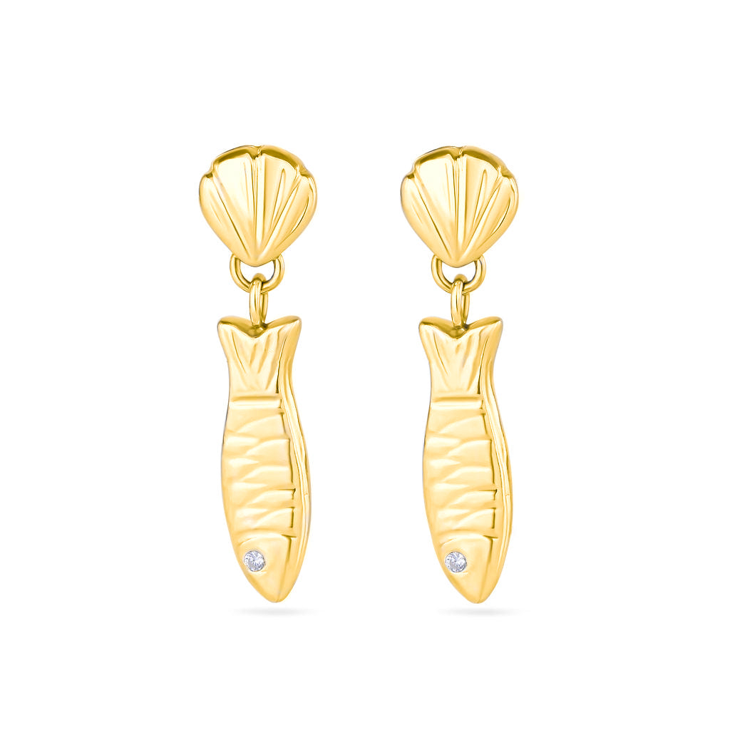 18ct Gold Vermeil Shell & Anchovy Fish Pendant Drop Earrings