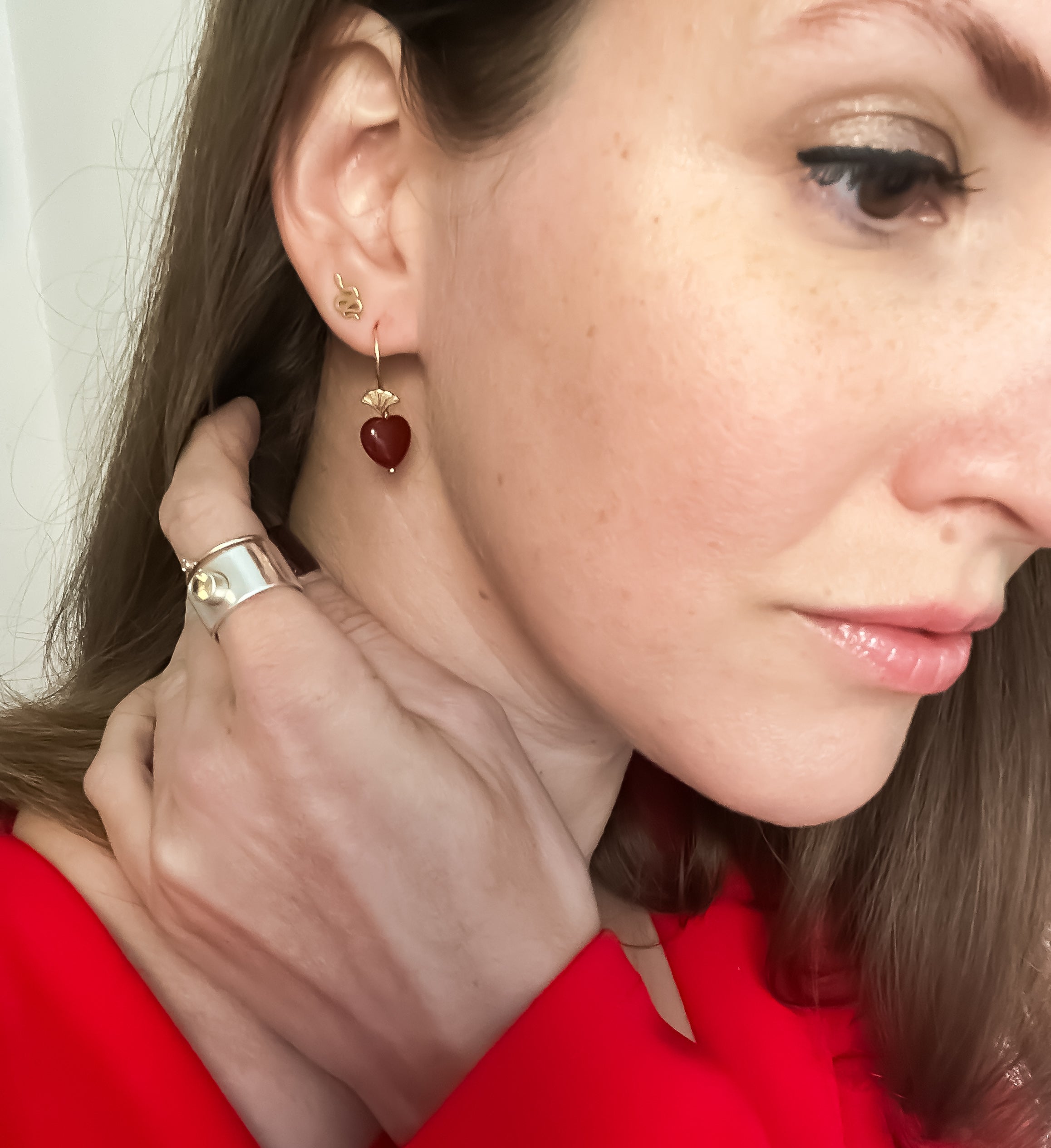 Ivory Pearl Love Heart on Ginkgo Shaped Earrings