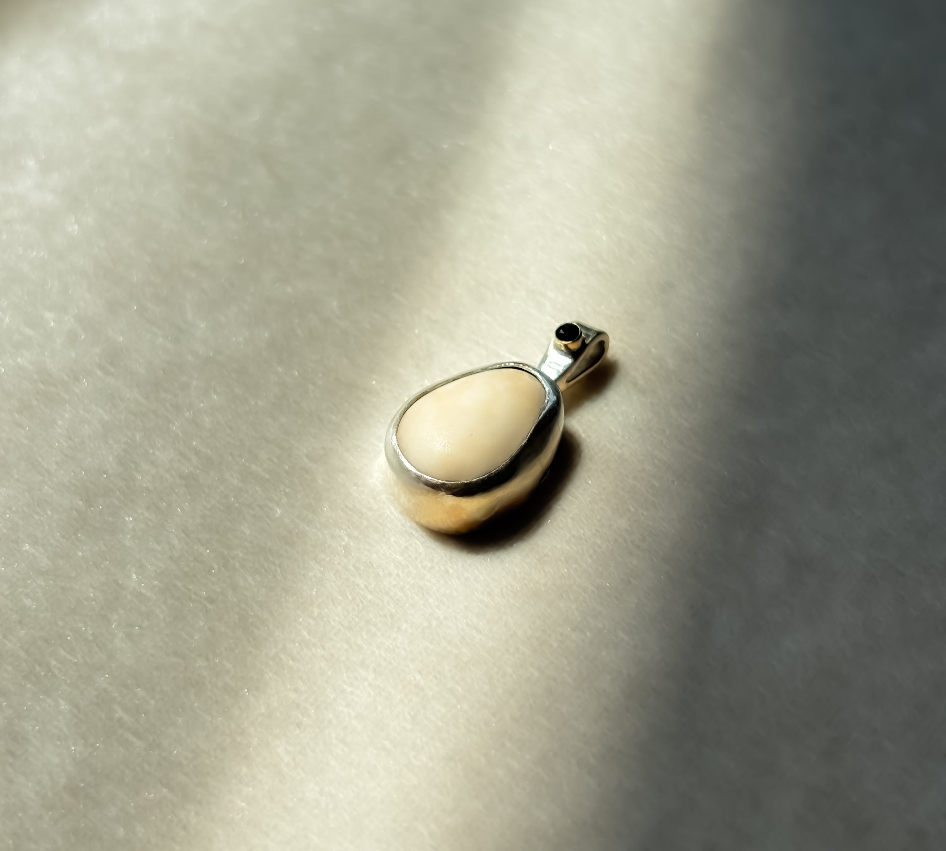 Remnant 010 - White Marble Pebble Green Tourmaline Silver Pendant