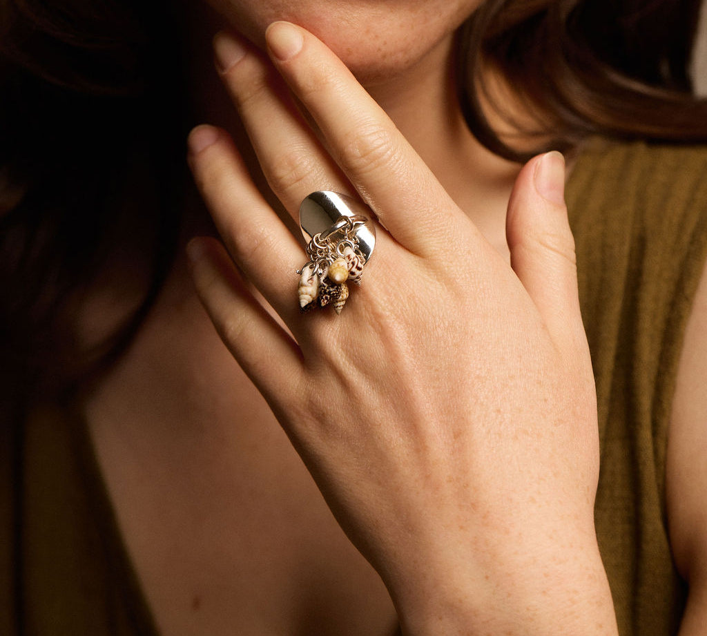 Sterling Silver Multi Shell Charm Shield Ring