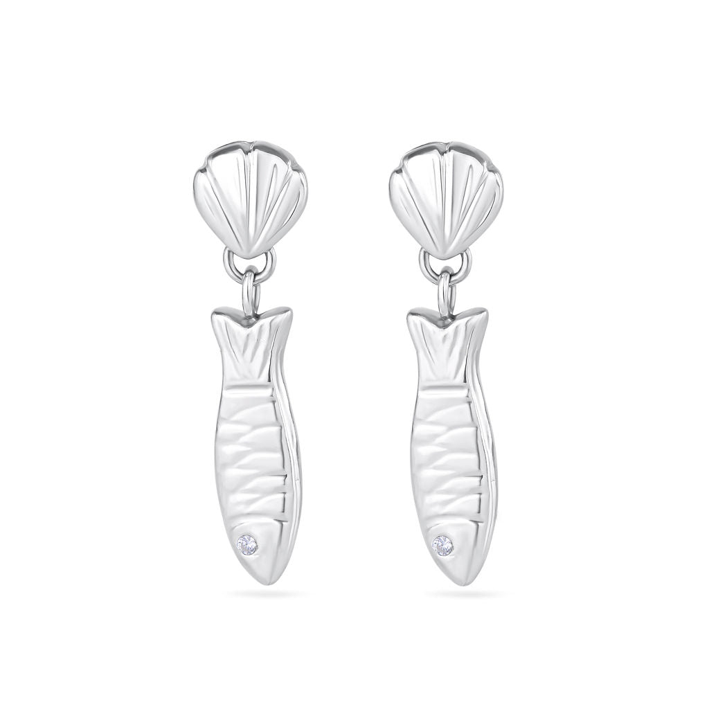 Sterling Silver Shell & Anchovy Fish Pendant Drop Earrings