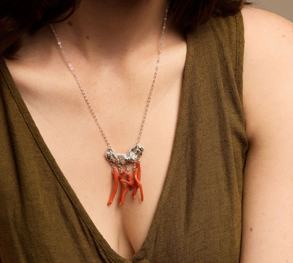 Sterling Silver Rugged Red Coral Pendant Necklace