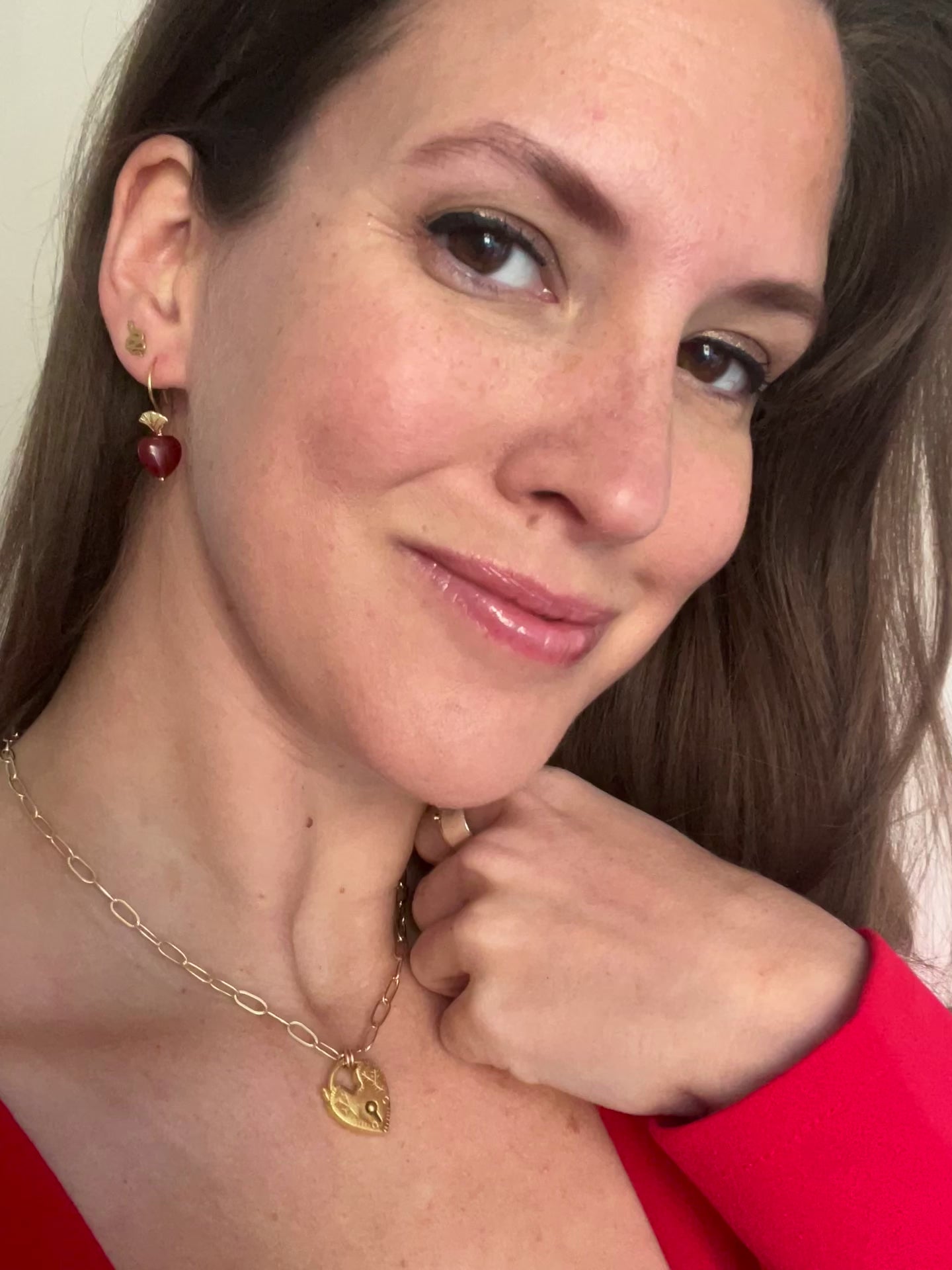 Red Agate Love Heart on Ginkgo Shaped Earrings