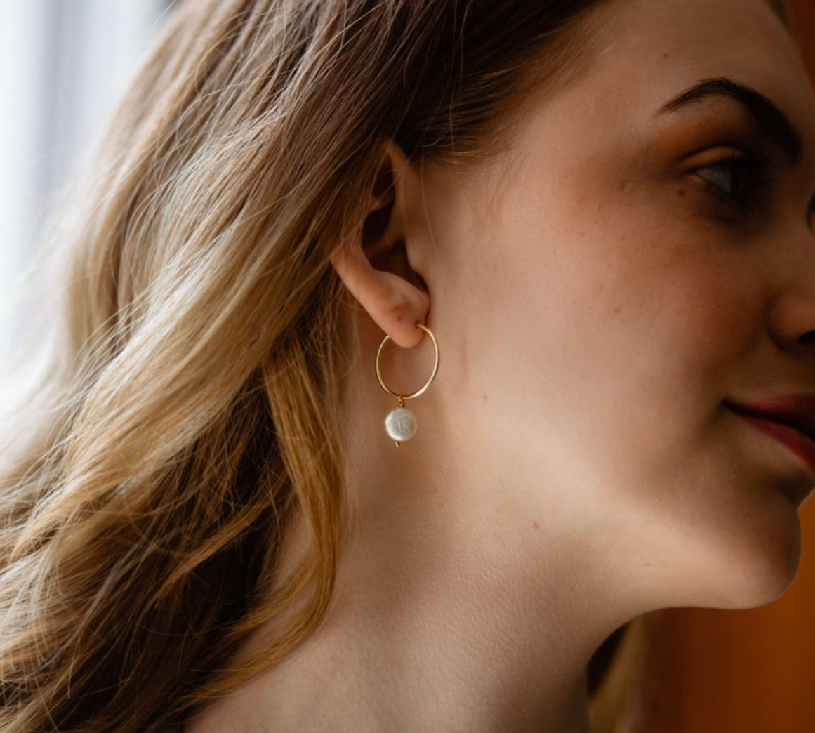 Freshwater Coin Pearl Hoop Earrings “Lydia”